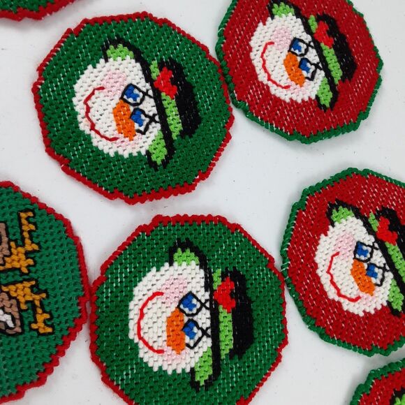 Vintage Handmade Needlepoint Canvas Christmas Coasters with Holder 9 Pc Snowmen - Picture 10 of 16